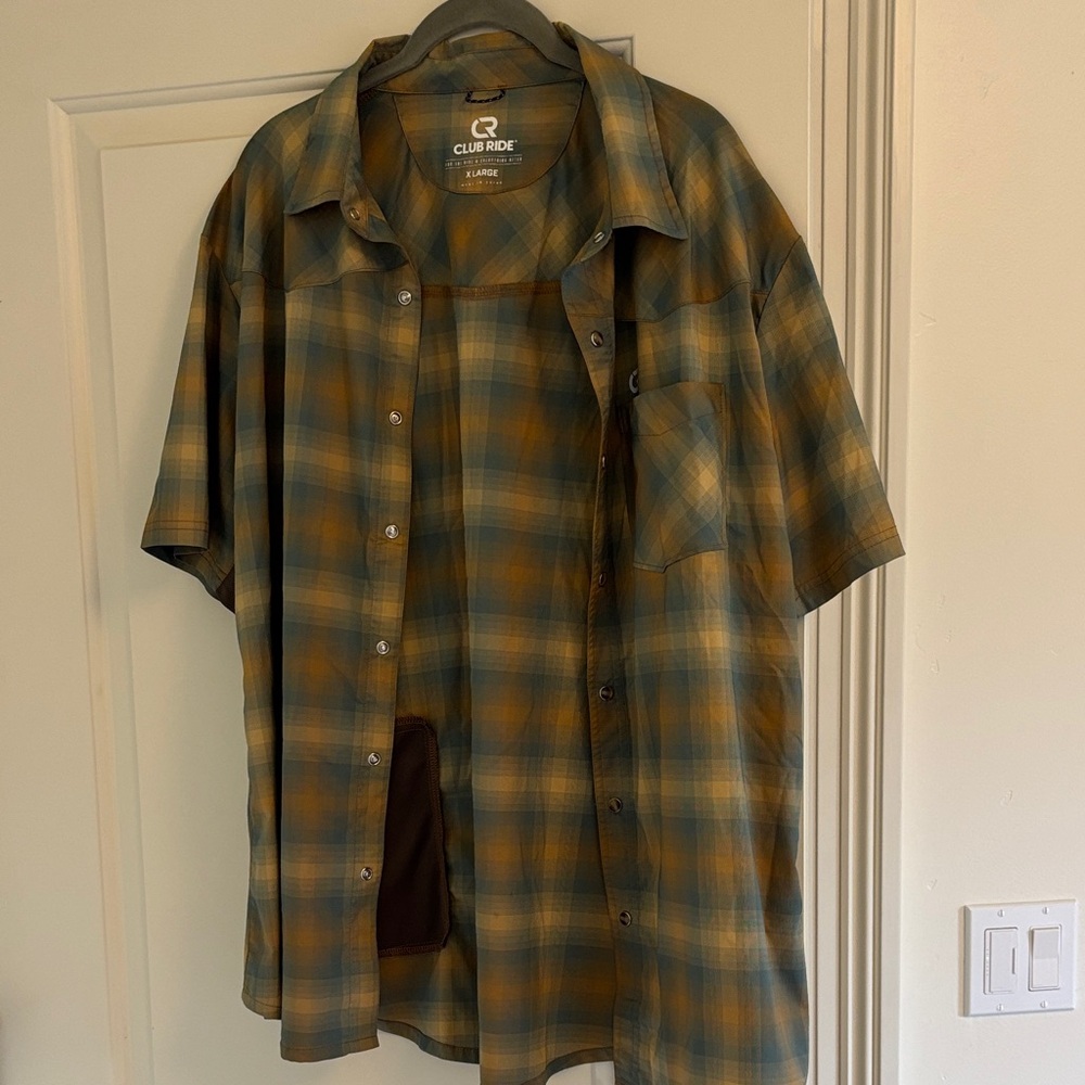 Club Ride Apparel Men’s Short Sleeve Plaid Shirt - Olive and Gold